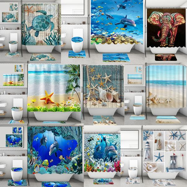 4pcs/set banyo duş perdesi tuvalet matı okyanus plajı denizyıldızı kabuklu yunus ahtapot baskılı su geçirmez tuvalet banyo paspasları perdeler kaymaz halı halı ile