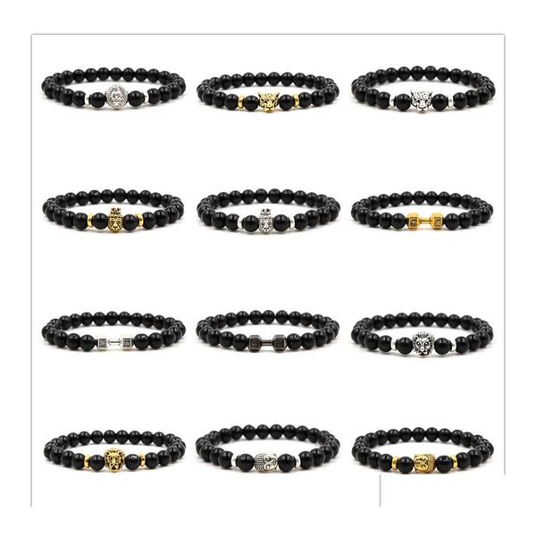 Perlen 18 Stile Buddha 8 mm Birght Black Stone Perlen Armband Vintage Silber Löwe Leopard Hantel Skl Charms Stretch Schmuck Dro Dhgfp