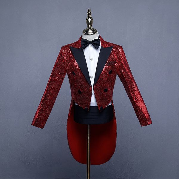 Abiti Ragazzi Compleanno formale per matrimoni Giacca rossa Cappotto a coda di rondine Bambini Gentiluomo Festa Vestiti per bambini Paillettes Smoking per bambini 221205