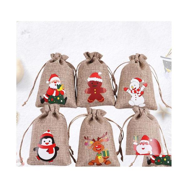 Confezioni regalo Natale tela di iuta Sacchetto di cordoncino di lino Confezioni regalo Babbo Natale Pupazzo di neve Pinguino Alce Caramelle Imballaggio di gioielli Sacchetti regalo Dhigf