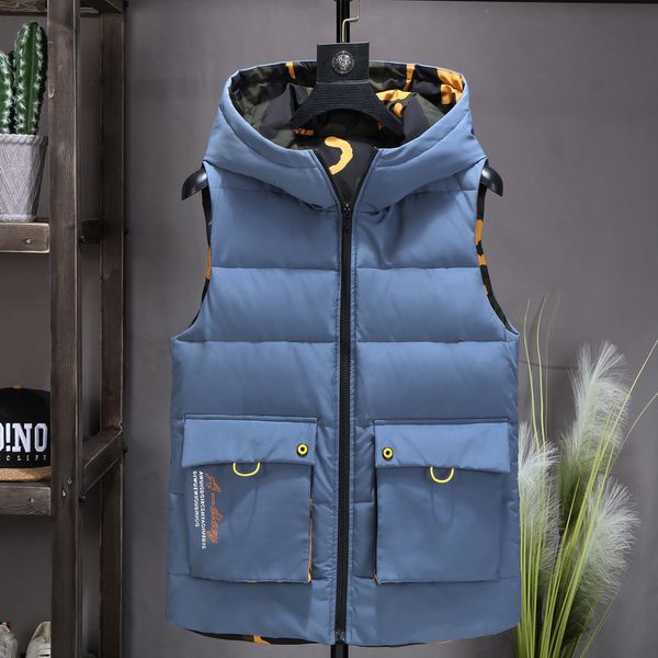 Chalecos para hombre, chaqueta cálida sin mangas de doble cara, capucha de camuflaje para invierno, chaleco aislado con bolsillo de talla grande para otoño