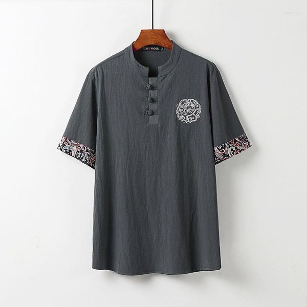 Herren-T-Shirts, Sommer-Leinen-Stickerei, kurzärmeliges T-Shirt mit V-Ausschnitt, chinesischer Stil, Trend, halbärmeliges Baumwoll-Top für Männer
