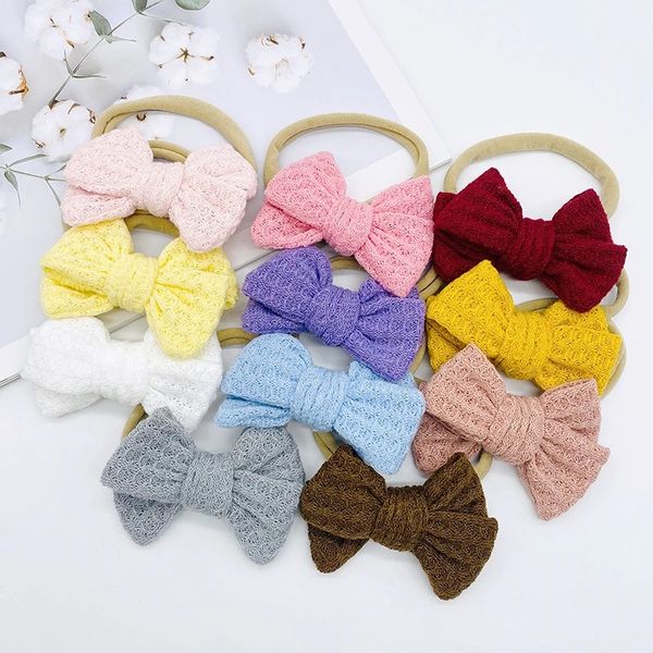 Größe passt für alle Waffel-Stirnbänder, gestrickte kleine Schleife mit nacktem Nylon-Stirnband, Baby-Mädchen-Nylon-weiches Turban-Haarband, niedliches Top-Haarband für Neugeborene