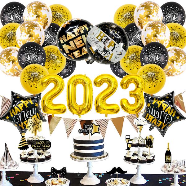 Decorazioni natalizie 2023 Happy Year Foil Balloon Black Elio Globo Globos Cupcake Topper Decorazione di Natale per lo sfondo della casa Gift di Natale 221205