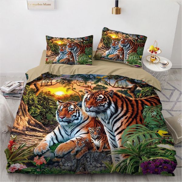 Set di biancheria da letto set 3D Copertina trapunta per piumino nero Cestino con pioggia King Queen Size Animal Tiger Stampato in poliestere 221205