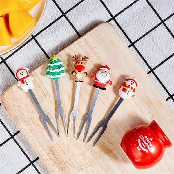 Decorações de Natal 5pcs Mini Fruit Forks Children Snack Cake Sobert Bento Almoços Tabela Navidad 2022