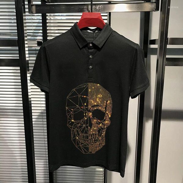 Herren-Poloshirts, hübscher Totenkopf-Strassstein, Kleidung, Friseur, Party, Abwechslung, Revers, Straßenhemd, Polo, kurzärmelige Oberteile