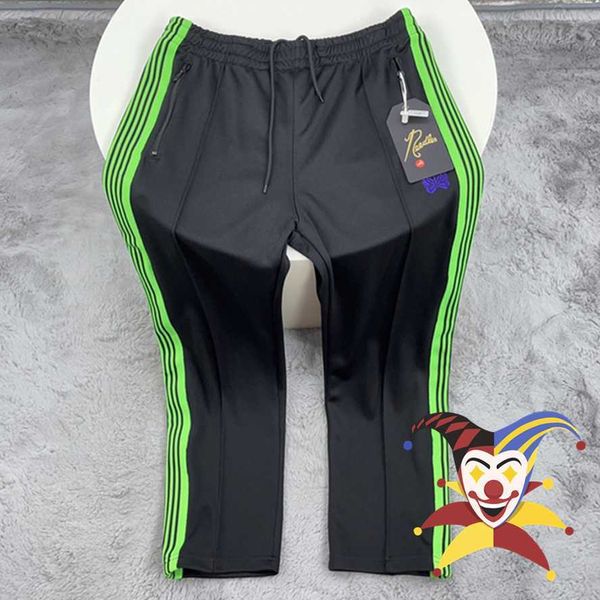 Herrenhose, schwarze Needles-Trainingshose, Männer und Frauen, grün gestreift, Needles-Hose, lila bestickte Schmetterlings-High-Street-AWGE-Hose T221205