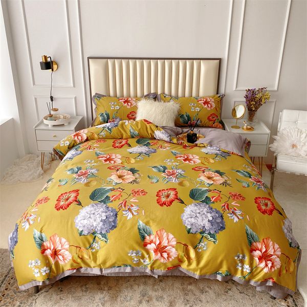 Set di biancheria da letto Svetanya Cinese Tradizionale Giallo Lussuoso Set Copripiumino in cotone egiziano Queen King Size Federe per lenzuola 221205