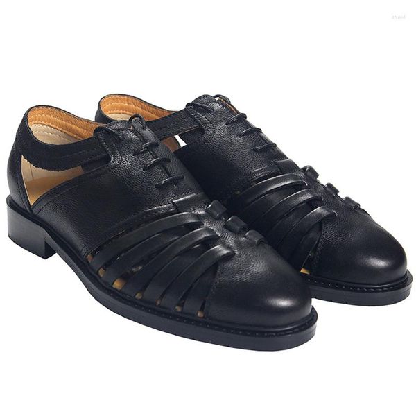 Sandali Retro Italia Pista da uomo Scava fuori Stringate Scarpe in vera pelle Punta tonda Tacco largo Calzature da gladiatore