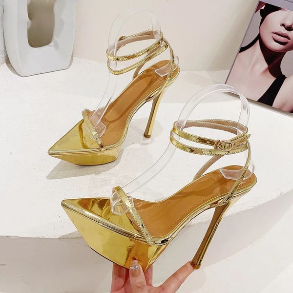 Kleidschuhe Pailletten Gold Sexy Spitzschuh Plattform Extreme High Heels Damen Sandalen Schmalband Schnalle Riemen Nachtclub Tanzen