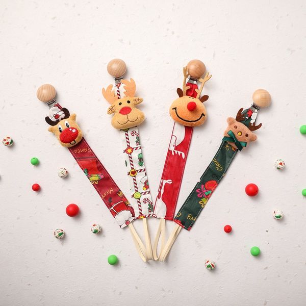 Novo natal bebê chupeta de clipe de madeira elk santa apresenta fita de dentição cadeias de brinquedo de brinquedo mamilos de clipes de clipes