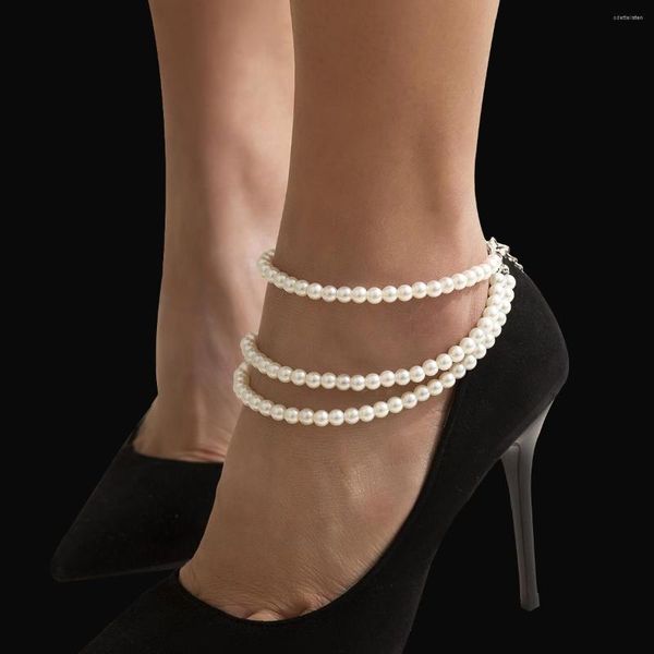 Cavigliere KunJoe Cavigliera da donna Vintage Elegante multistrato Perle d'imitazione Catena Scarpe con tacco alto Accessori per gioielli a piedi