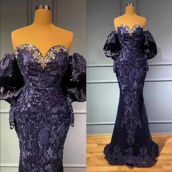 Arabic Style Navy Blue Evening Dresses sexy fuori spalla a maniche lunghe Applique sirena in perline sirenette Plus size Aso Ebi Afircan Prom Abito da ballo