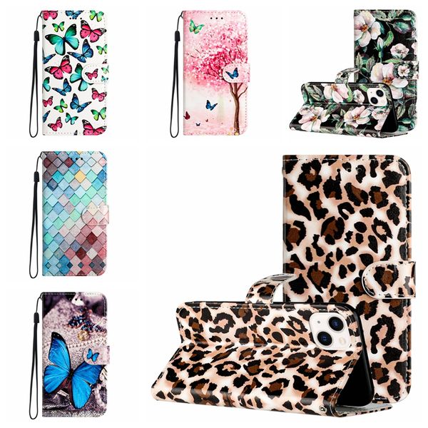 Moda impressão carteira de couro casos para iphone 15 14 plus 13 12 pro max 11 xs x 8 7 borboleta leopardo árvore flor gato lobo animal quadrado slot para cartão titular flip cover bolsa