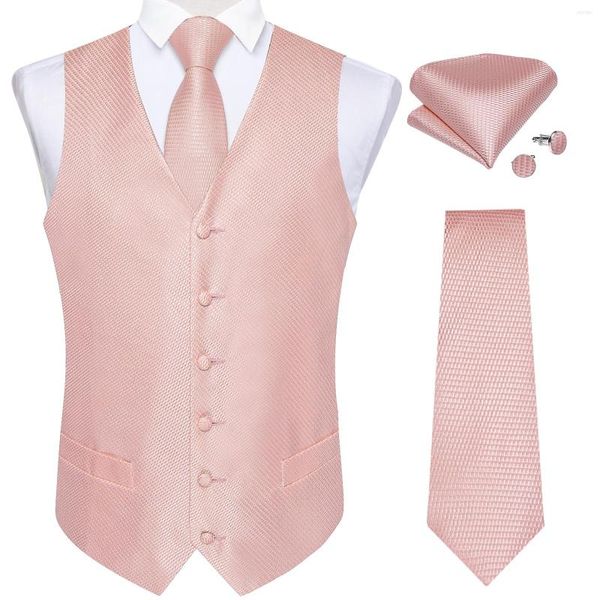 Coletes masculinos Colete de casamento masculino Gravata Moda Seda Rosa Abotoaduras Conjunto de lenço para vestido formal Terno ou smoking Homem Casual Colete