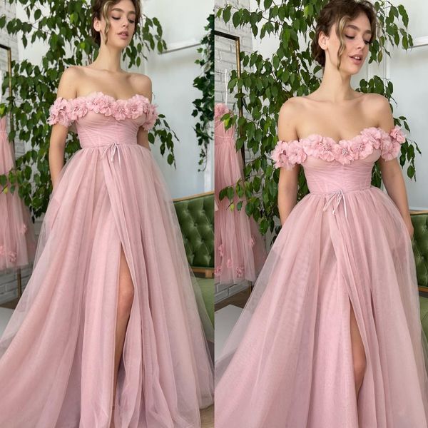 Corar vestidos de baile em 3D em 3D, vestidos de noite lateral do decote no decote do ombro Tulle Tulle um vestido formal de linha