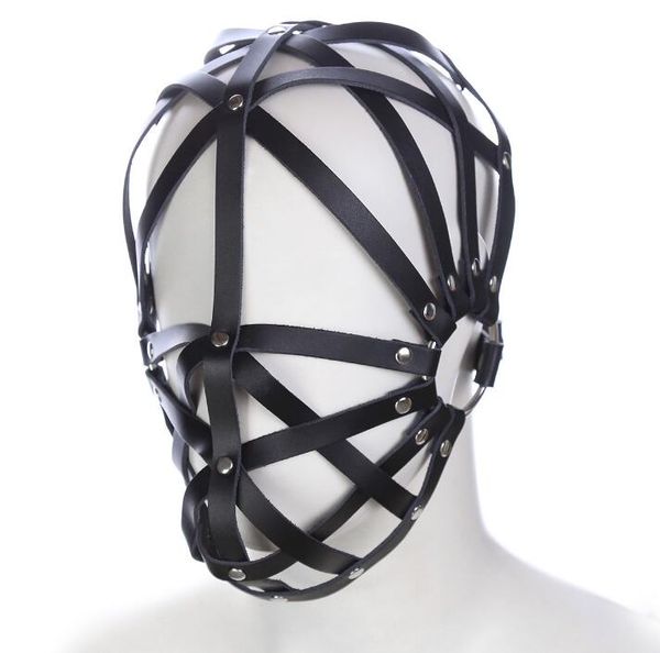 Maschera per il viso cava in pelle nera giocattoli del sesso per adulti maschera per gli occhi copricapo SM palcoscenico giocattolo alternativo