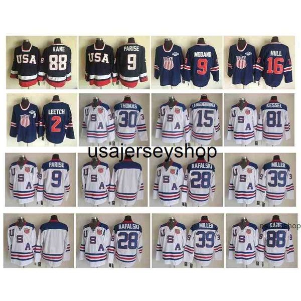 Jersey de hóquei Equipe EUA Patrick Kane Zach Parise Jamie Langenbrunner Brian Rafalski Tim Thomas Ryan Miller Phil Kessel Brett Hull Ice Ice