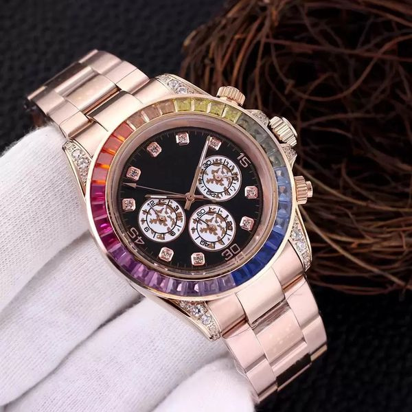 Relógios de pulso mecânicos automáticos para homens 40 mm arco-íris anel de diamante boca safira espelho à prova d'água pulseira de aço inoxidável