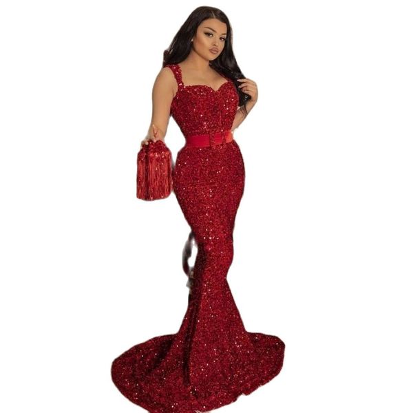 Abiti da sera a sirena con paillettes rosse Eleganti abiti da ballo Vestido Noche con cinturino a tracolla con cintura senza maniche