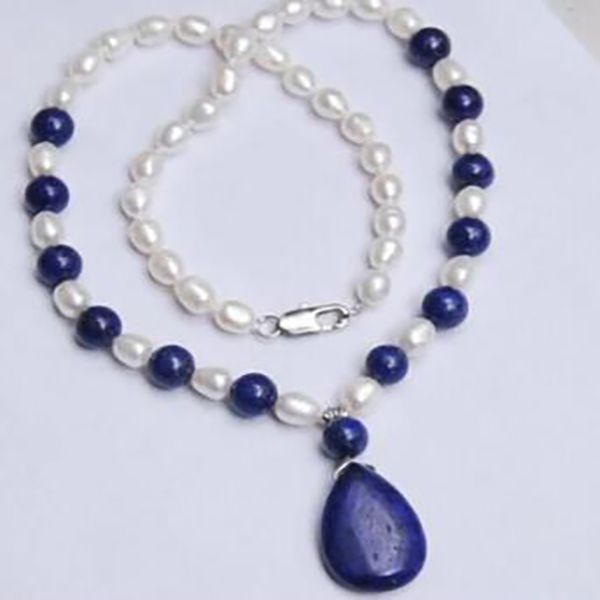 Мода 7-8 мм белый Akoya Pearl Lapis Lazuli Подвесное ожерелье 18 