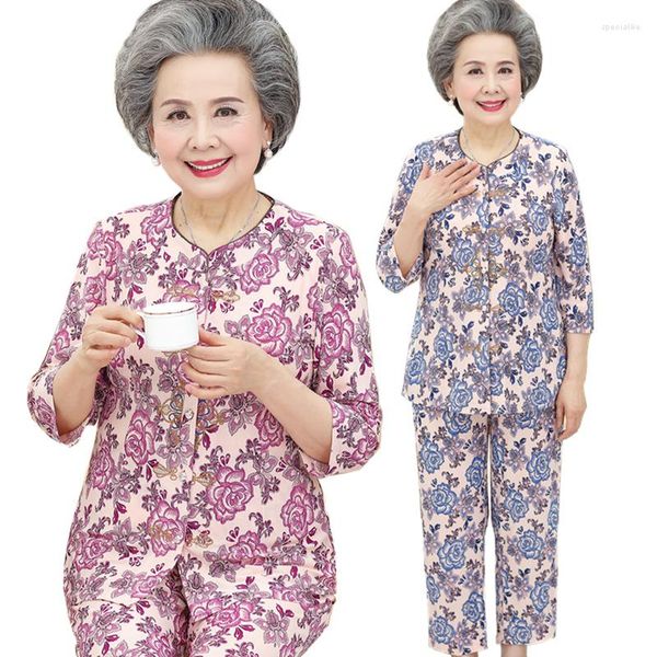 Tretos femininos de trajes de meia-idade e idosos sets femininos da primavera de impressão de impressão de impressão do verão 2 PCs Faixa de serviço domiciliar Granny