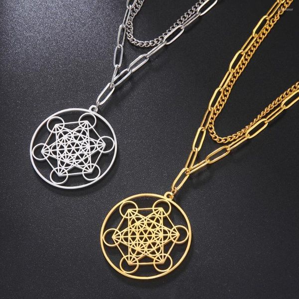 Colares pendentes Dawapara Metatron Símbolo de cubo de medalha Medalha Aço inoxidável Geometria sagrada Proteção espiritual Talisman