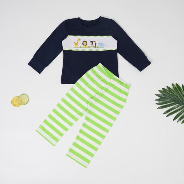 Set di abbigliamento Completi per bambini Set di vestiti in cotone per neonato Set di ricami per animali carini Tutina per neonati Pantaloni a righe verdi a maniche lunghe per 1-8T