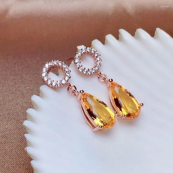 Brincos FYJS exclusivos cor de ouro rosa gota de água amarelo citrinos cristal com joias de strass