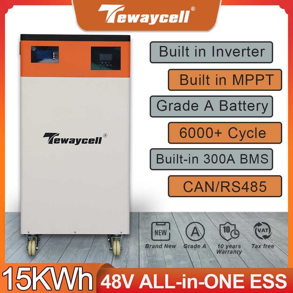 48V 15kWh All em um powerwall 300ah lifepo4 pacote de bateria Power ess buitl-in bms e inversor mppt pode rs485 wifi eu