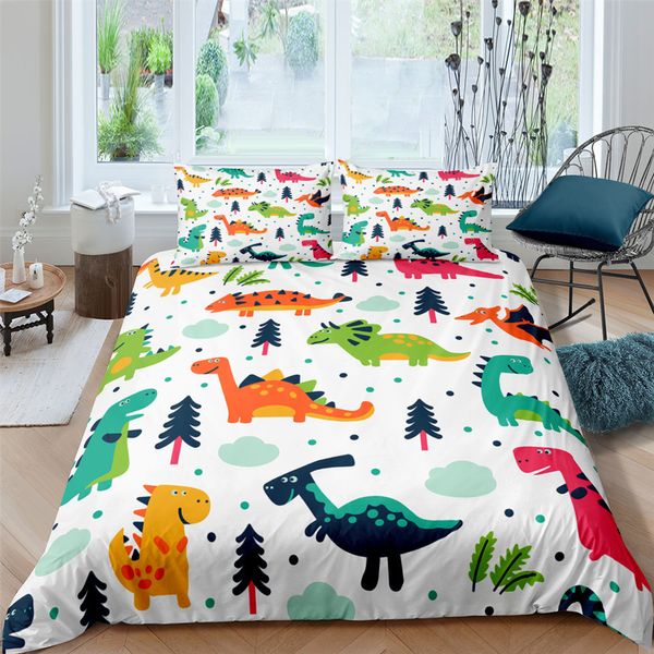 Bedding Conjuntos 3D Cartoon de dinossauro pequeno conjunto simples conjunto simples casal rei tamanho único para crianças Crianças de colcha de poliéster Caixa de travesseiro 221205