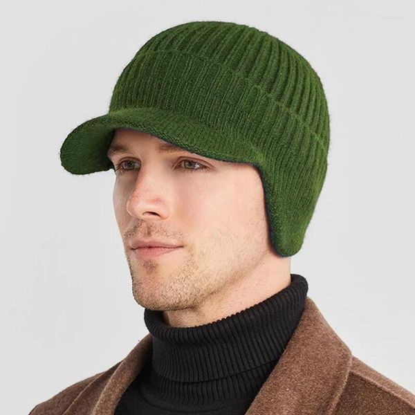 Berets Männer Winter Gestrickte Ohr Schutz Kappe Wolle Mützen Motorhaube Earflap Hut Kurze Krempe Outdoor Radfahren Ski Warme Kappen Für