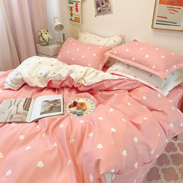 Set di biancheria da letto Ins Princess Pink Heart Copripiumino Tessili per la casa Federa Lenzuolo Copripiumino per bambini Set King Queen Twin Cute Kawaii 221205