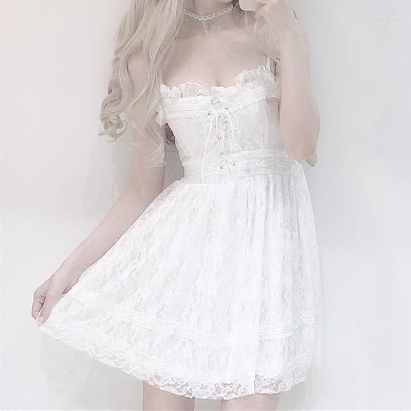 Costume a tema Giapponese Soft Sister Sexy Lolita Dress Girl Casual Petto Cross Bow Bandage Slim White Lace Women Party Sling Mini Abiti