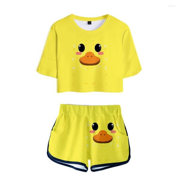 Tute da donna Stampa 3D Animali carini Donna Set due pezzi Crop Top T-shirt Pantaloncini Estate Hip Hop Ragazze Abiti graziosi Abbigliamento giallo