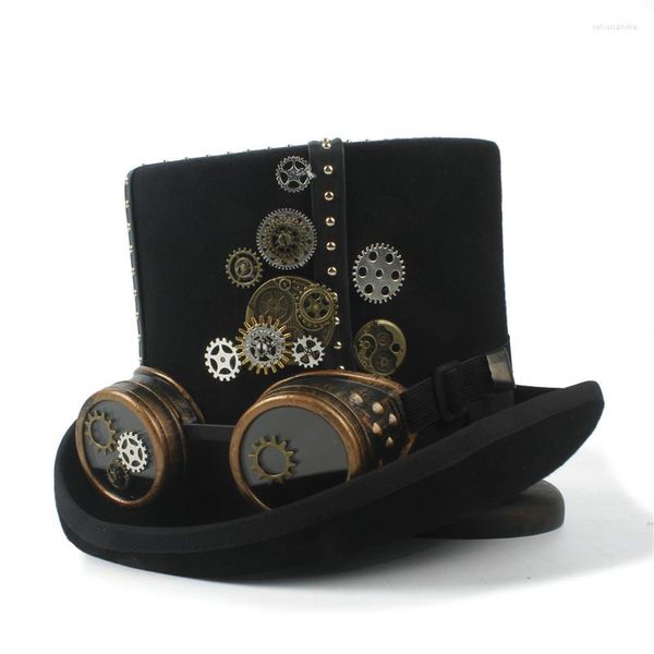 Береты 13,5 см Черной Топ Симпанк для женщин для женщин Федора Steam Punk Glasses Gear Millinery Goggles Party Cap Mask Acsossy