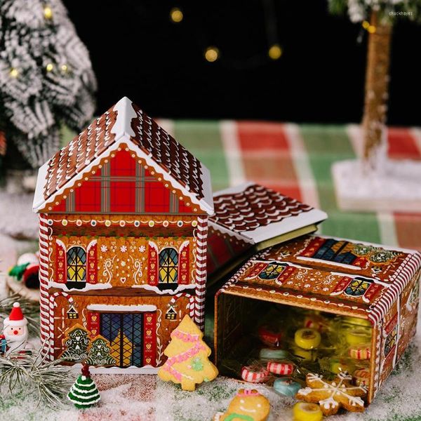 Enrole de presente Tinplate Candy Storage Holiday Party Supplies House House Recifers Casos de biscoito vazios Decorações de Natal