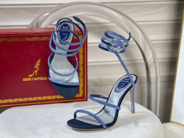 Sapatos femininos serpentina Cleo Rhinestone Conjunto feminino Sandálias de salto alto de cristal feminino 9,5cm 01