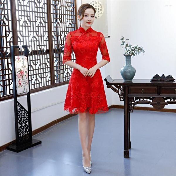 Roupas étnicas História de Xangai Red Lace qipao para mulheres Flower Bordery Cheongsam vestidos tradicionais vestido chinês casamento