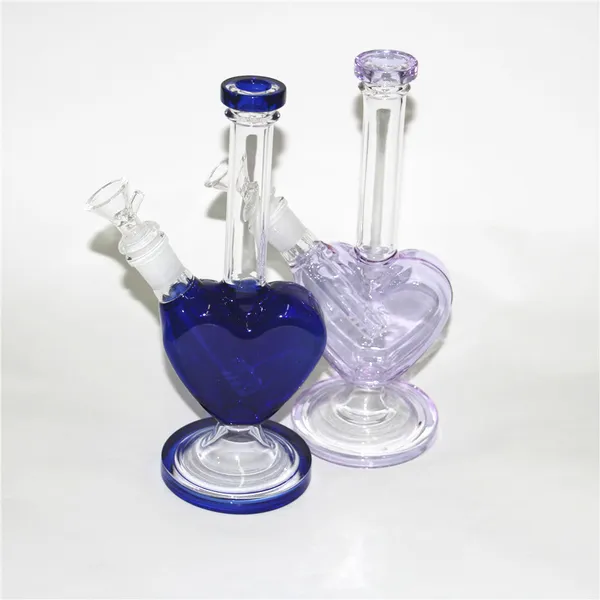 Bong in vetro Dab Rig Narghilè 14mm Bong comuni Recycler Rigs Tubo Tubo dell'acqua con forma di cuore rosa Fumatore Ciotola raccoglicenere in vetro