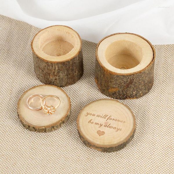 Enrole de presente Rustic Ring Box titular de jóias de madeira natural para decoração de cerimônia de aniversário de noivado dos namorados