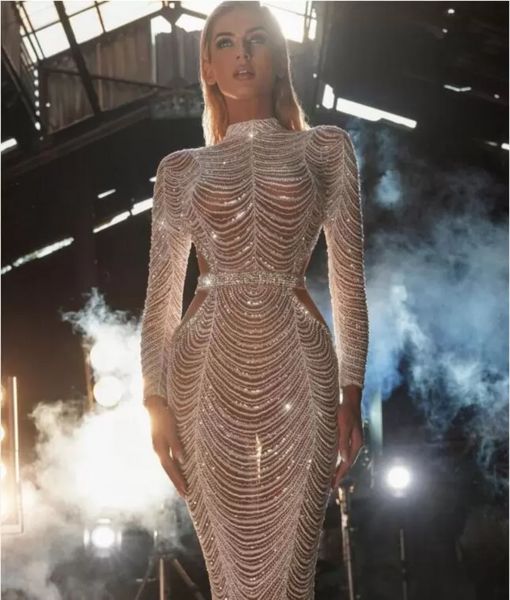 Vestido de noite yousef aljasmi jennifor kendal jenner feminino vestido de manga longa kim kardashian pérolas de cristal branco miçangas de pescoço alto bainha de manga comprida vestido longa wly935