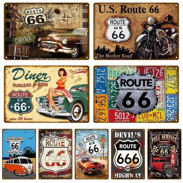 Route 66 Metal Boyama Poster Teneke İşaret Tabağı Duvar Posterleri Vintage Retro Estetik Oda Dekor Duvar Sanatı Dekorasyon Adamı Mağarası 20CMX30CM Woo