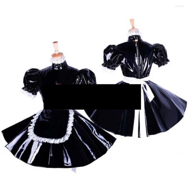 Vestidos casuais com fechadura bonito empregada doméstica uniforme cosplay pvc vestido lolita manga curta bufante roupa de halloween crossdresser plus size sissy