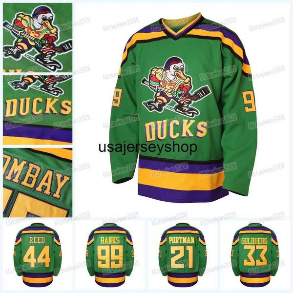 96 Charlie Conway 1996 Mighty Movie Hockey Jersey 33 Greg Goldberg 99 Adam Banks Green Todos costurados e bordados em estoque