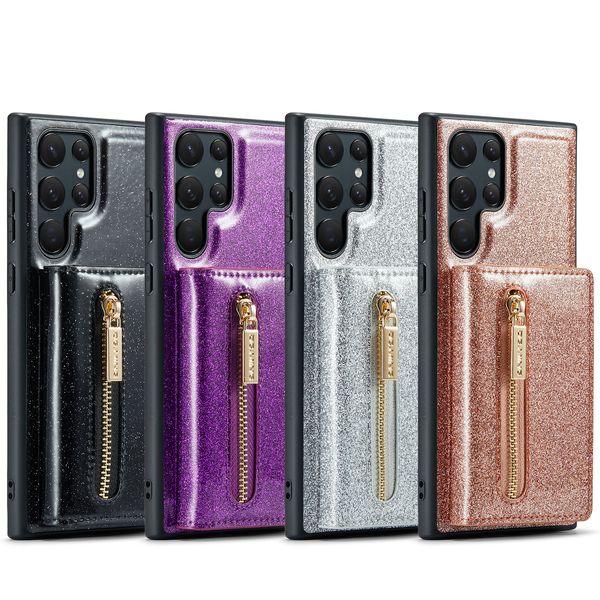 Stoßfeste Handyhüllen für Samsung Galaxy S23 S22 S21 Ultra Plus 2in1 magnetische 3-Fach-Brieftasche glitzernde glänzende PU-Leder-Schutzhülle mit Kartenfächern