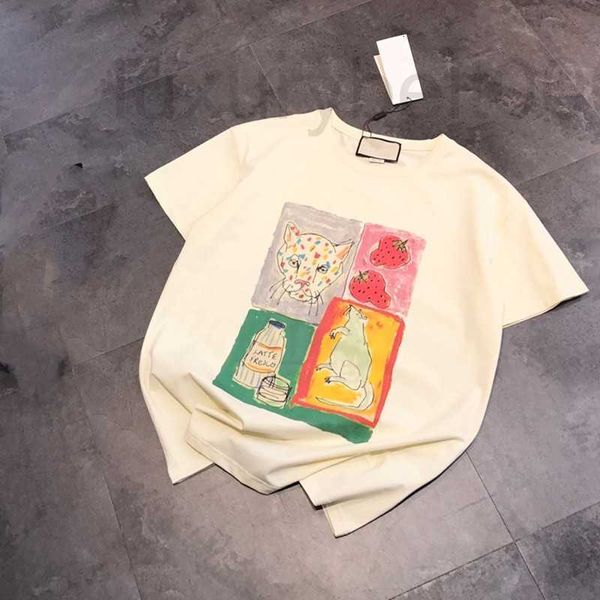 T-shirt da donna 2022 Primavera Estate Nuovo designer Trend Four Grid dipinto a mano Graffiti Cartoon Strawberry Leopard Mouse Stampa Casual Round T78Z