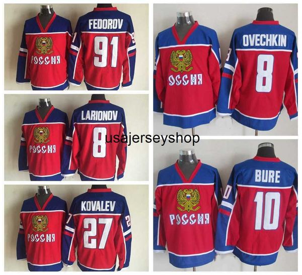 camisa de hóquei 2002 Team Russia s 8 ALEXANDER OVECHKIN 10 PAVEL BURE 91 SERGEI FEDOROV 27 ALEX KOVALEV 8 IGOR LARIONOV Red Home Mens