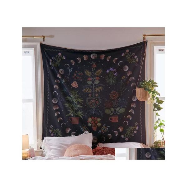 Arazzi Fase lunare Pianta Paradiso Fiore Arazzo da parete Hippie Dormitorio Decorazione Cielo stellato Tappeto Inventario All'ingrosso Drop Deliv Dhzgk